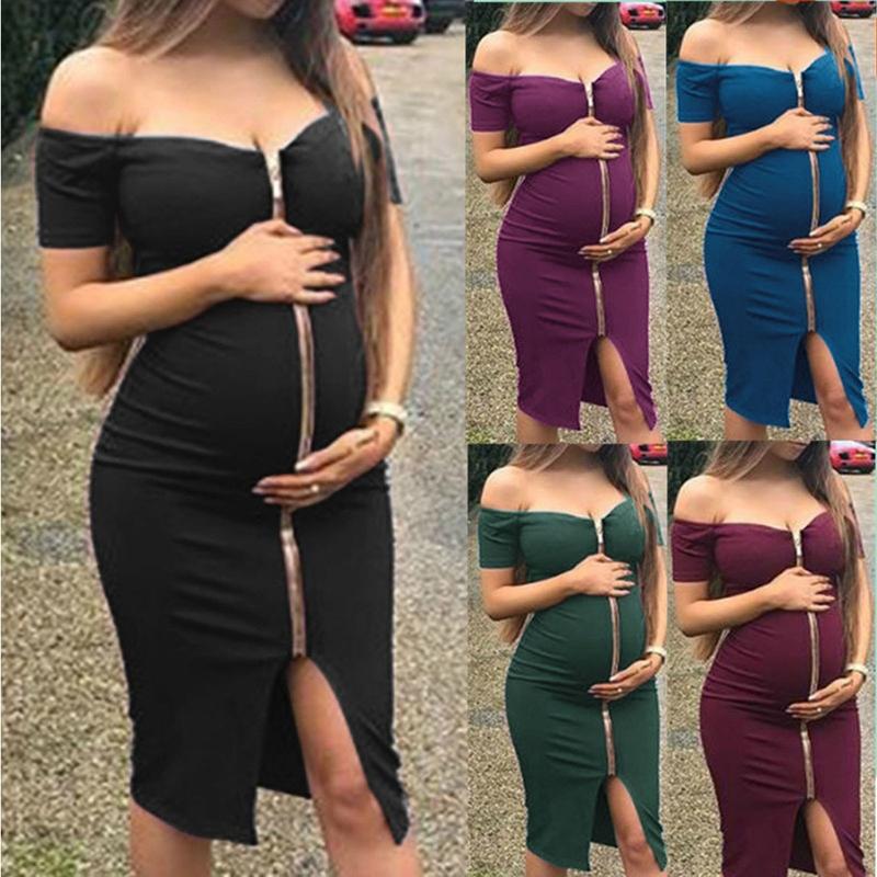 

Maternity Dresses Women's Summer Fashion Zipper Solid Color Pregnancy Dress Strapless Pregnant Woman Clothes