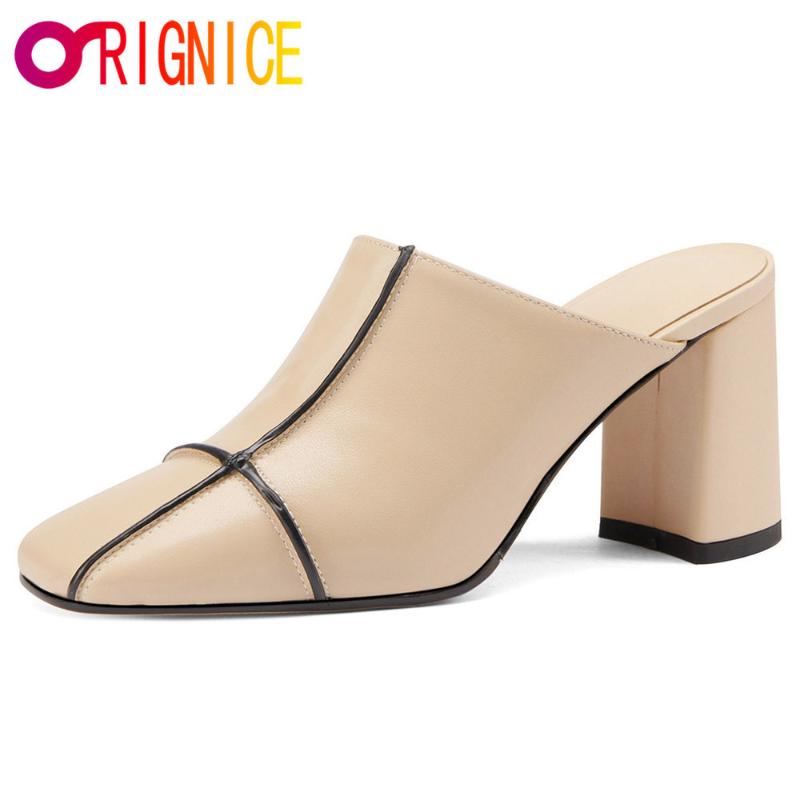

Dress Shoes Orignice 2021 Arrival Women Mules Full Genuine Leather Fashion Simple Casual Thick Heels Square Toe Big Size 43, Black