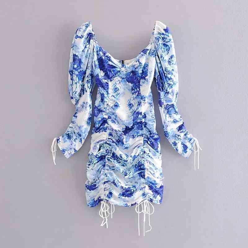 

Vintage Chic Contrast Colors Ruched Drawstrings Slim Mini Dress Women Fashion Sexy Backless Square Collar Bodycon Dresses 210520, As pic