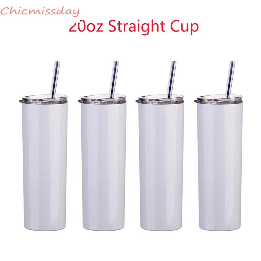 

US Stock 20oz Sublimation Mug Straight Tumblers with Plastic Straw Blanks White 304 Stainless Steel Vacuum Insulated Slim DIY Cup Car Coffee Mugs, As pic