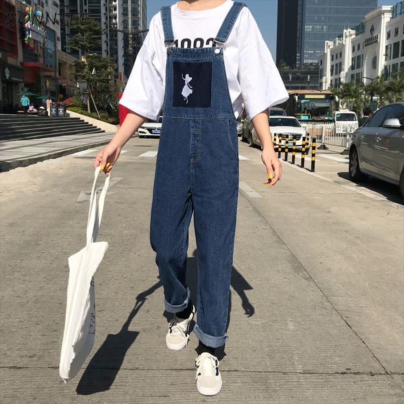 

printed kawaii students loose women jumpsuit simple all match korean style ladies denim leisure, Black;white