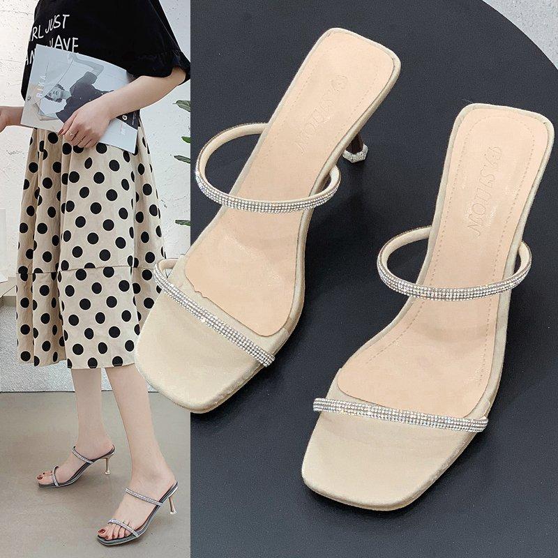 

Slippers 2021 Summer Fashion Simple Pure Color Rhinestone Decorative Women Stilettos, Beige white