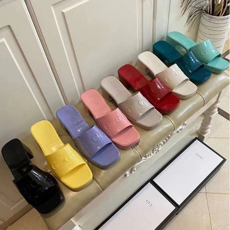 

Wholesale G jelly sandals women's thick candy colored square head rubber middle heel waterproof platform Luxurysss designersss shoes yw, Black