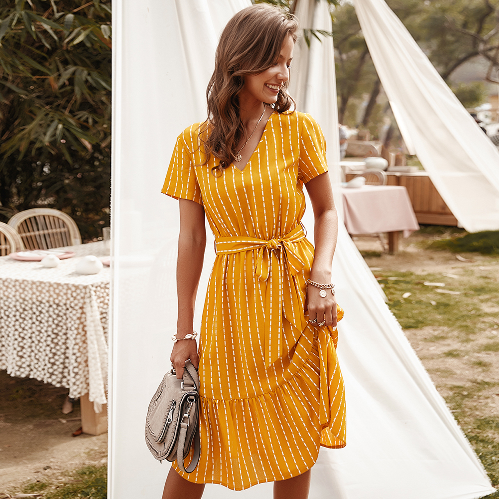 

2021summer dresses women 2021 elegant v-neck casual a-line midi dress vintage pink yellow striped sashes lace-up sundress veatidos, Black;gray