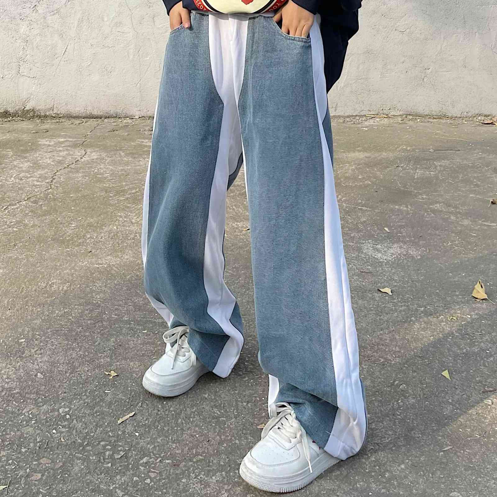 

2021 Color Block Wide Leg Jeans Blue Black Men Women Urban Streetwear Wide Leg Pant Hip Hop Patchwork Flare Denim Trousers C0607