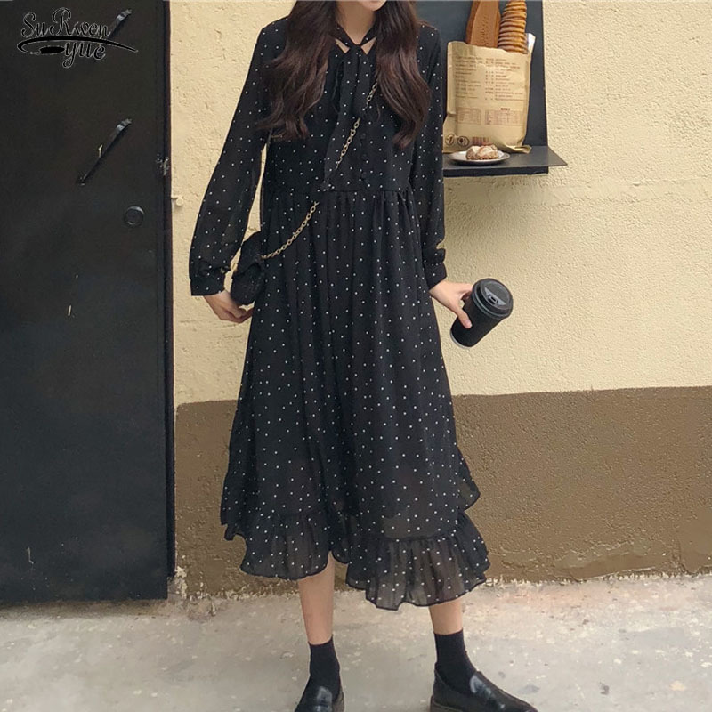 

Autumn Vintage Loose Long Dress Polka Dots Print Chiffon Women Lace-up Sleeve Female A-line Vestidos Femme 10860 210521, Black