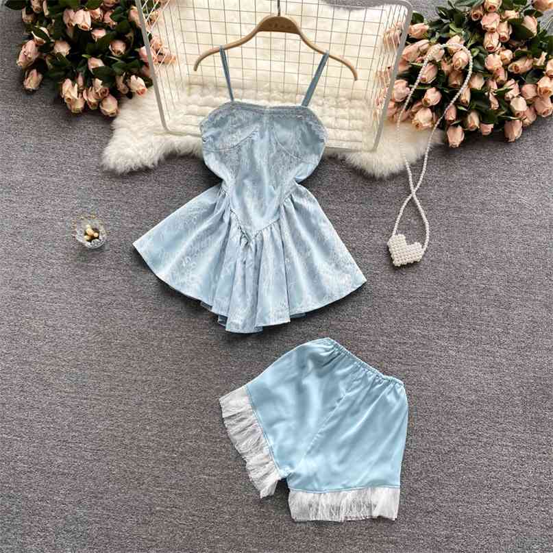 

Sexy Women Pajamas Set Summer Chic Camisole Top and Elastic Waist Lace Spliced Short Pants Suits Casual Female Home Clothes 210603, Blue