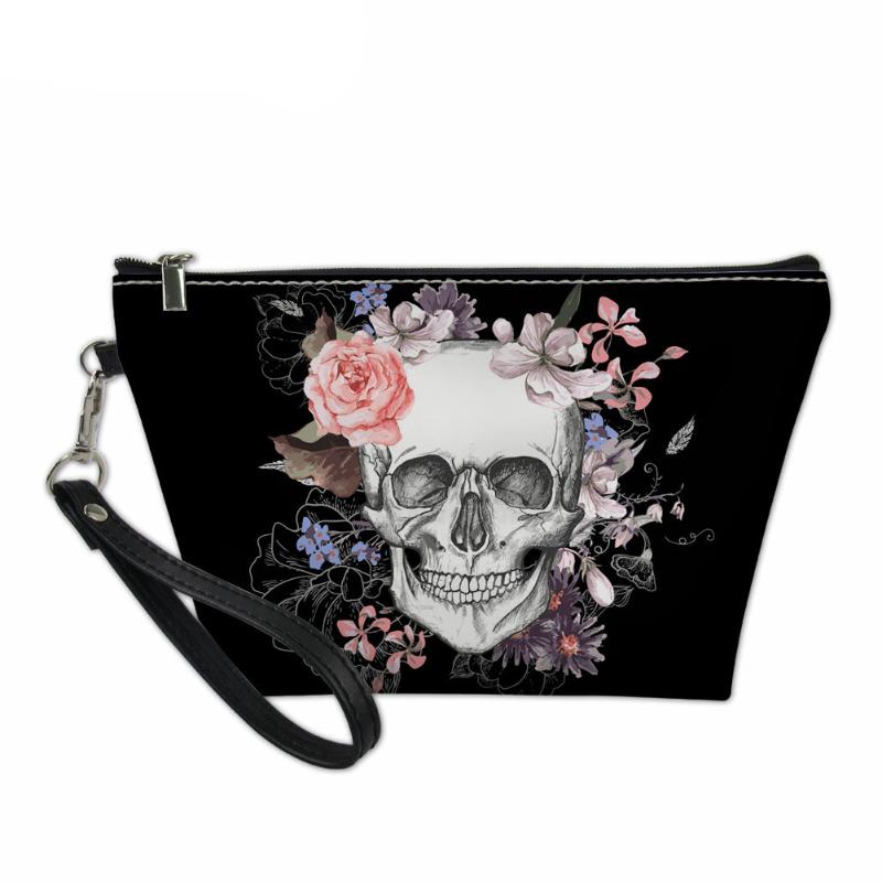 

Cool Skull Flower Style Zip Cosmetic Bag Women Make Up Travel Organizer Neceser Beauty Case Leather Waterproof Toiletry Bags & Cases