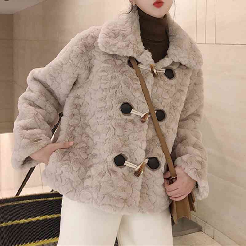 

Women's Fur & Faux elegant female winter fur coat of warm fake lamb soft shirling wool hairy jacket horn button all games coats YXLY, 1# shoe box