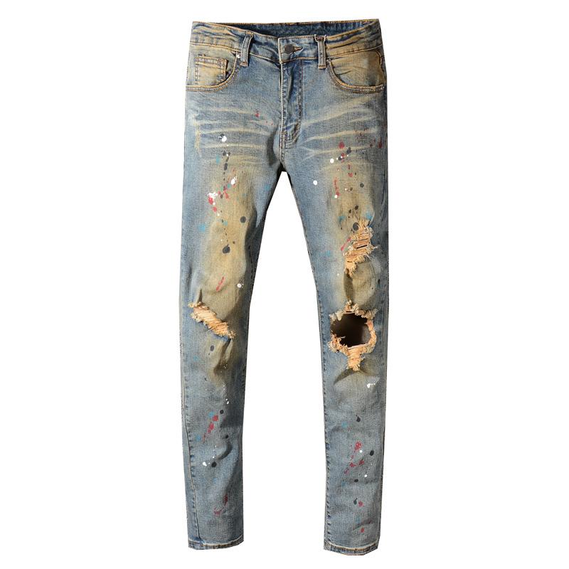 

Men's Jeans Fashion Streetwear Men Retro Wash Slim Fit Paint Designer Ripped Printed Pants Destroyed Hip Hop 28-40, Retro color