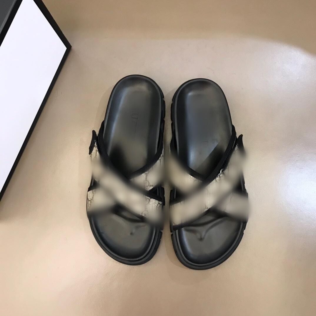 

Casual men designer slippers flat grey letter printed fashion luxury mens slides flip flops plus size cross slide leather, Black