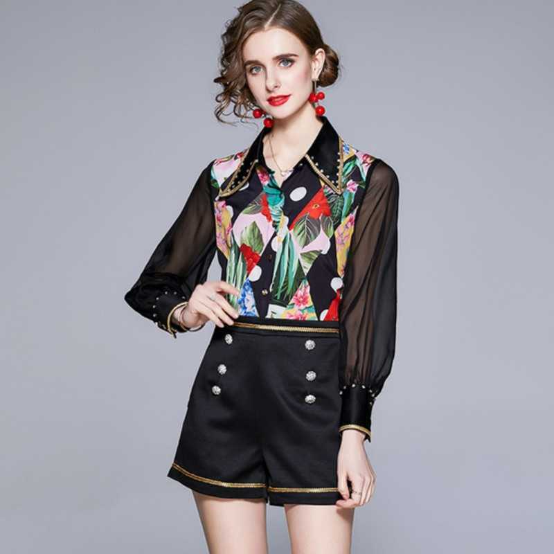 

Fashion Shorts Two Pieces Set Female Chiffon Sleeve Patchwork Beading Lapel Print Shirt Top+High Waist Short Pants Suit 210526, Photo color