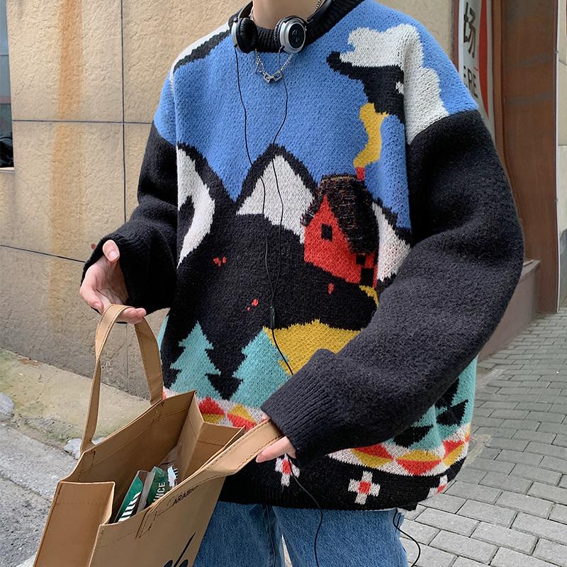 

Men's Sweaters Knit Sweater Round Neck Pullover Loose Jacquard Casual Bottoming Shirt, White;black