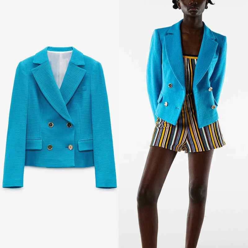 

Za Blue Cropped Textured Blazer Women Long Sleeve Pronounced Shoulders Office Lady Blazers Coat Woman Vintage Outerwear Top 210602, Yellow