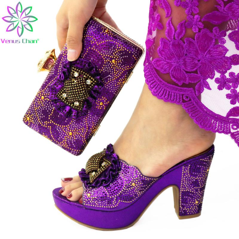 

Purple Color Italian Ladies Shoes And Bags To Match Set Decorated With Rhinestone Party Bag High Heel Sandals Dress, Black