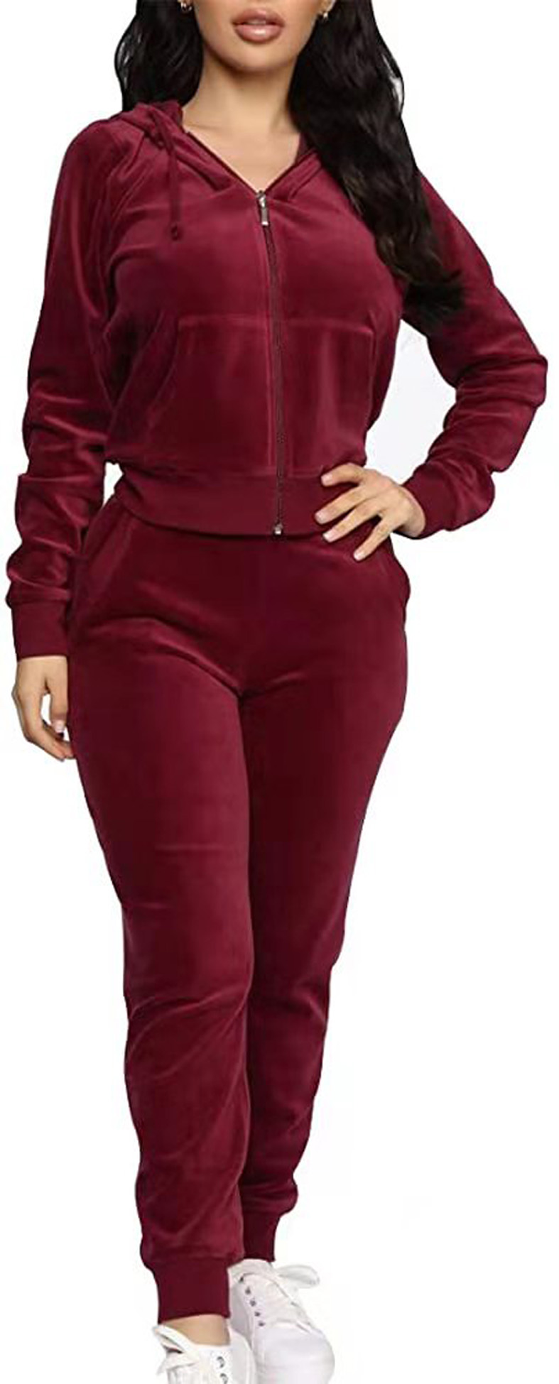 

Women's 2 Piece Velvet Tracksuit Set Long Sleeve Zip Up Hoodie & Jogger Pants Sets Warm Velour Sweatsuit Outfit, Wine red
