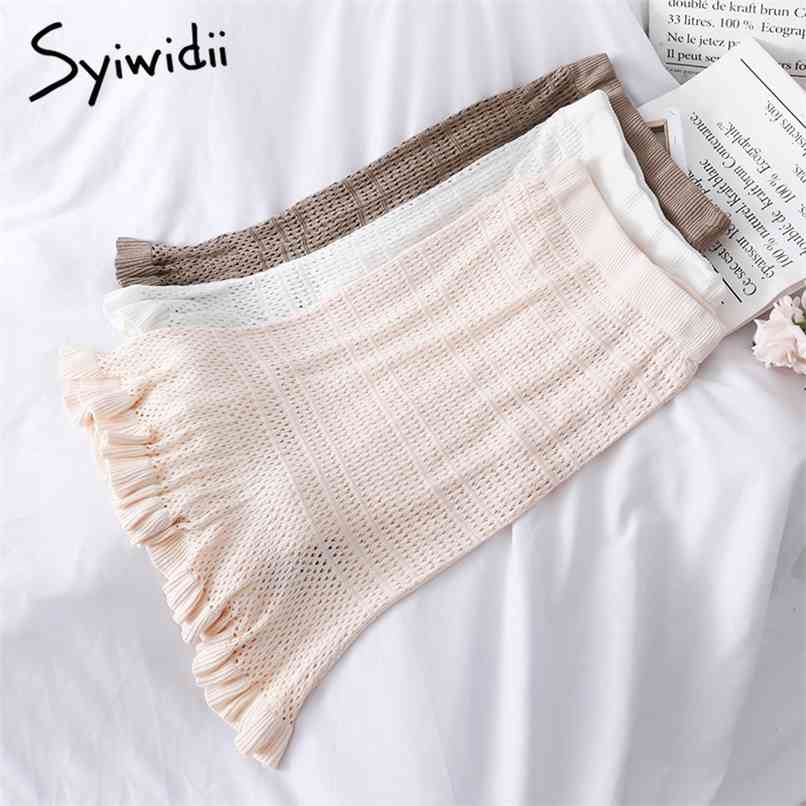 

Hollow Out Elastic High Waist Ruffles Mermaid Skirt Women Mid-Calf Casual A-Line Solid Spring Korean Fashion 210607, Beige