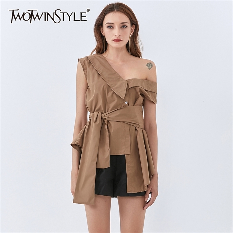 

Casual Solid Shirt For Women V Neck One Shoulder Sleeveless Bandages Blouse Female Fashion Clothing Stylish 210524, White