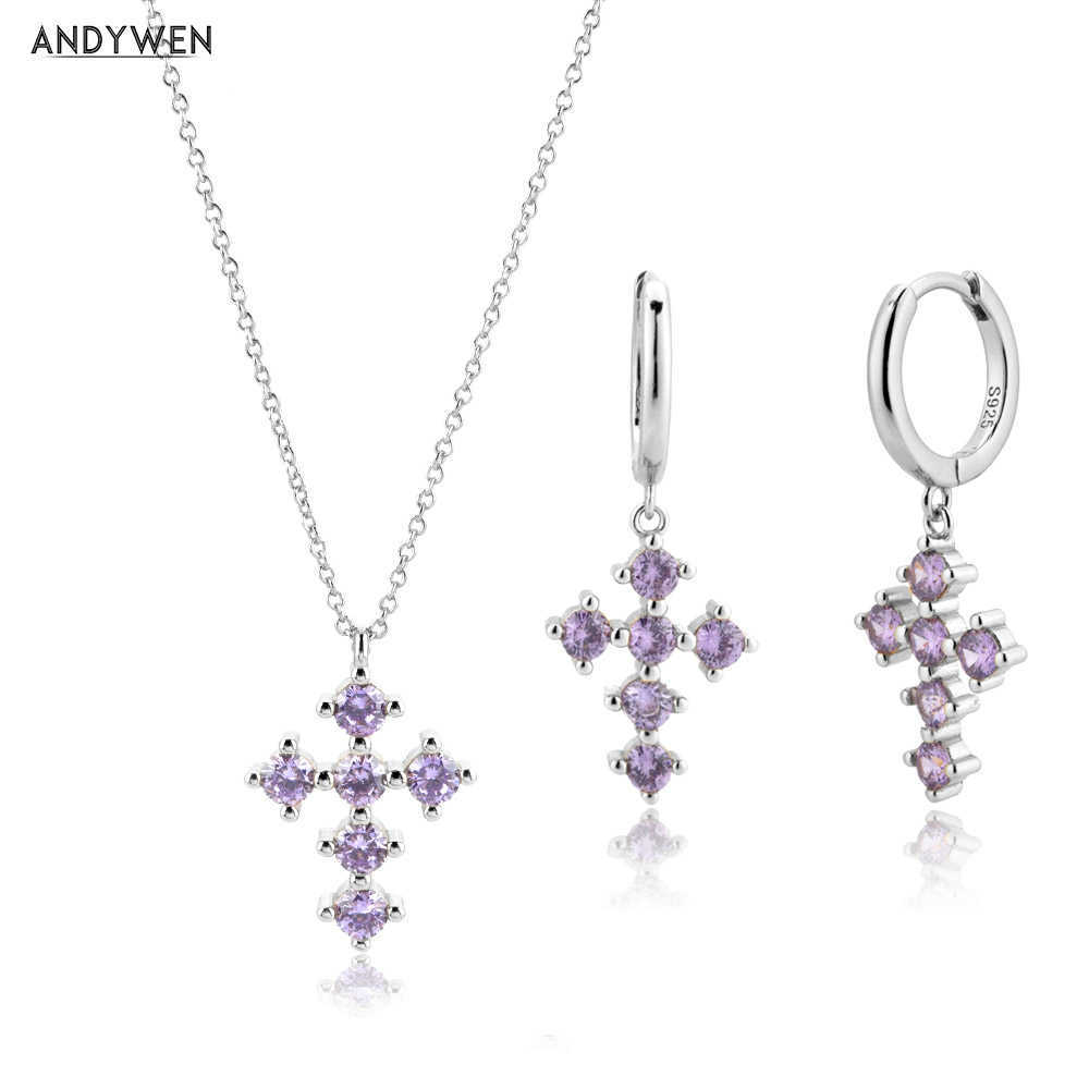 

ANDYWEN 925 Sterling Silver Purple Collection Rainbow Cross Drop Earring Chain Pendant Necklace Jewerly Set For Party Wedding 210608, White