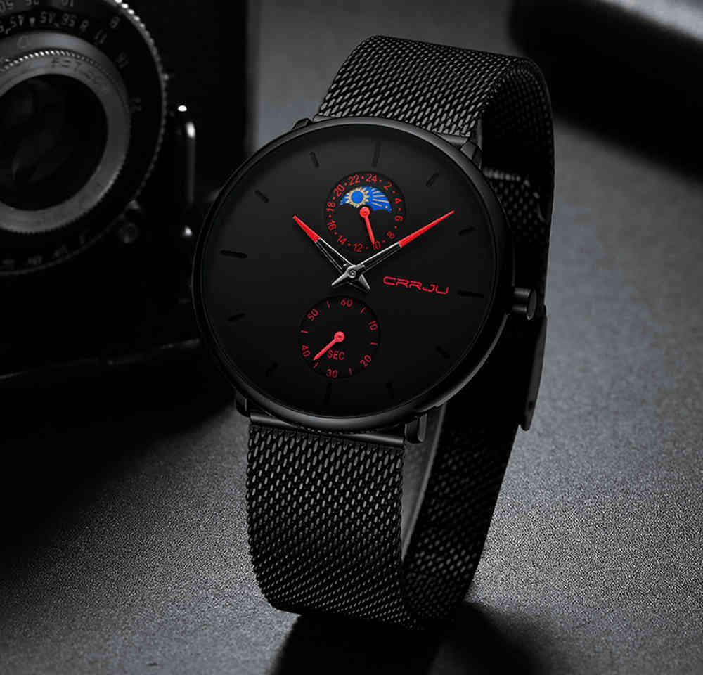 

Men Watch Fashion Ultra-thin Top Brand Luxury CRRJU Quartz Watch Men Casual Waterproof Sport Mesh Steel Watch Relogio Masculino 210517, Black black