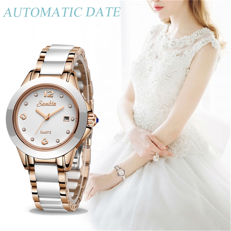 

Watch Women Fashion Watch Luxury Brand Gift Quartz Watch Lady Ceramics Stainless Steel Womens Watches Relogio Feminino Clock 210517, Rose gold white