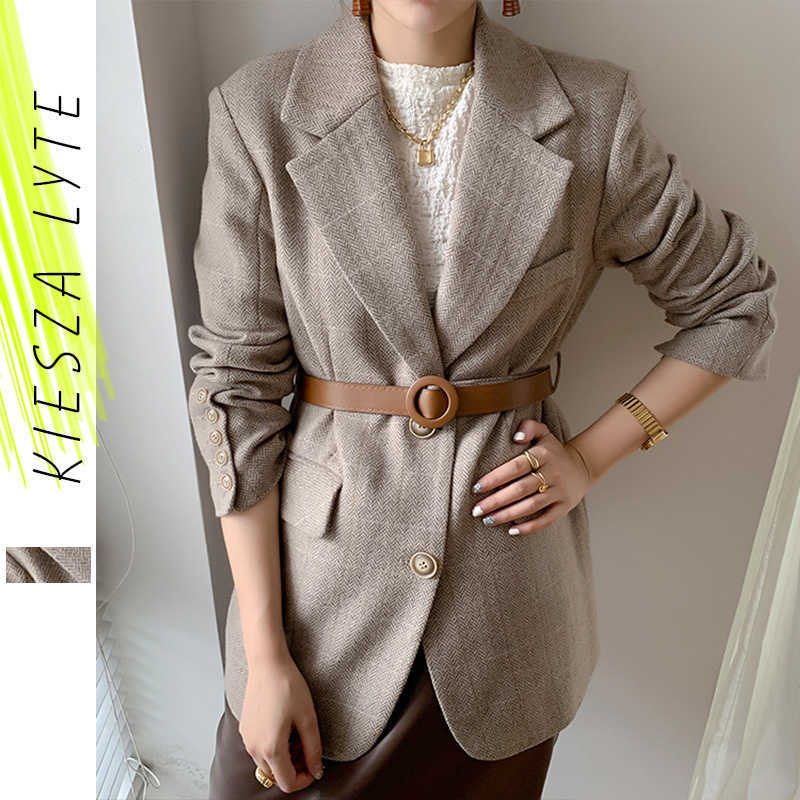 

Women Plaid Blazers Autumn Winter Ladies Vintage Work Wear Tops Belted Casual Camel Suit Jacket 210608, Gray lady