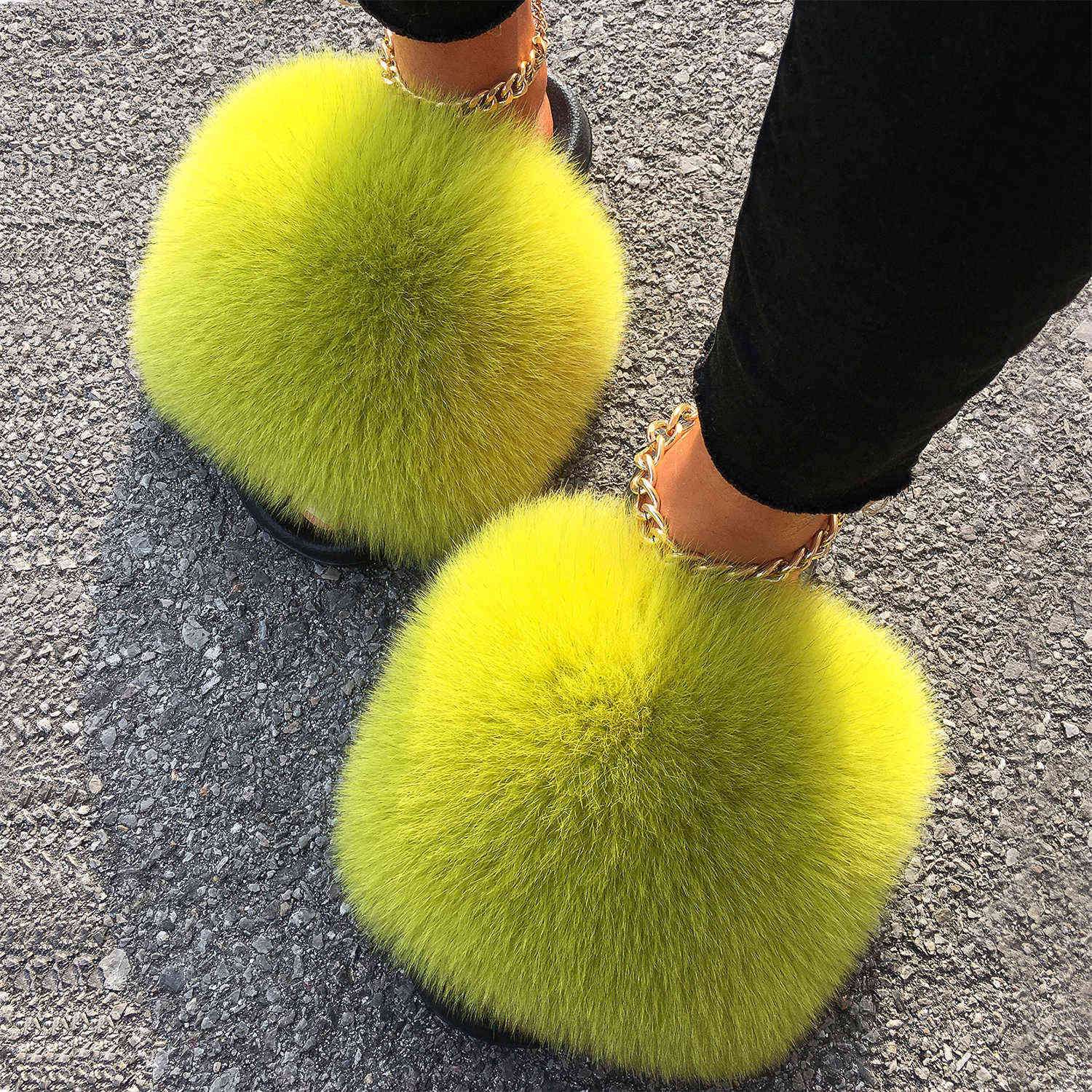 

Ethel Anderson New Luxury Fur Slide Real Racoon Fur Slippers Women Home Fluffy Sliders Women Fashion Plush Fluffy Fur Slides Q0508, Beige