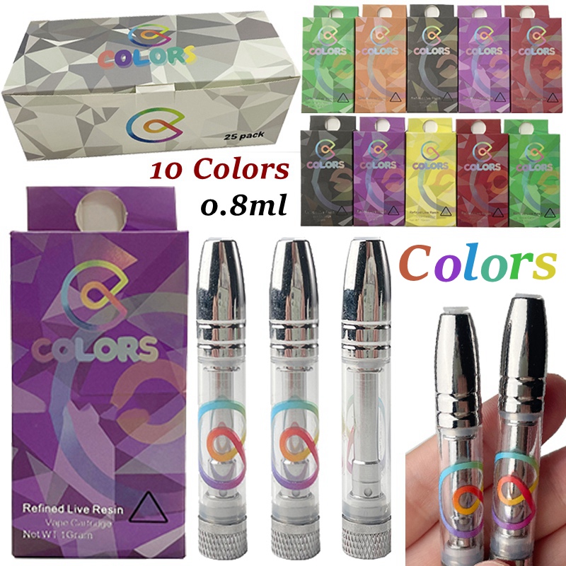 

Colors Vape Cartridges Carts 0.8ml Atomizers 510 Thread Cartridge 10 Color With Stickers Tube QR Code Round Metal Tip Boxes Packaging Thick