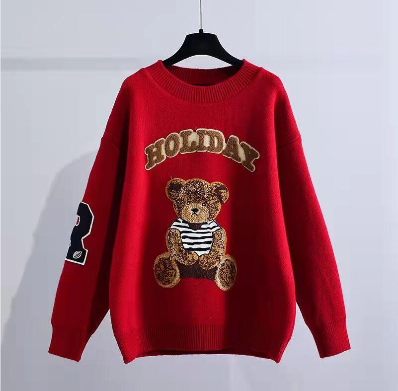 

Christmas Little Bear Sweetshirts For Burgundy Women's Sweater Loose All-Match Women's Jumper Fall Kawaii Clothes, Red