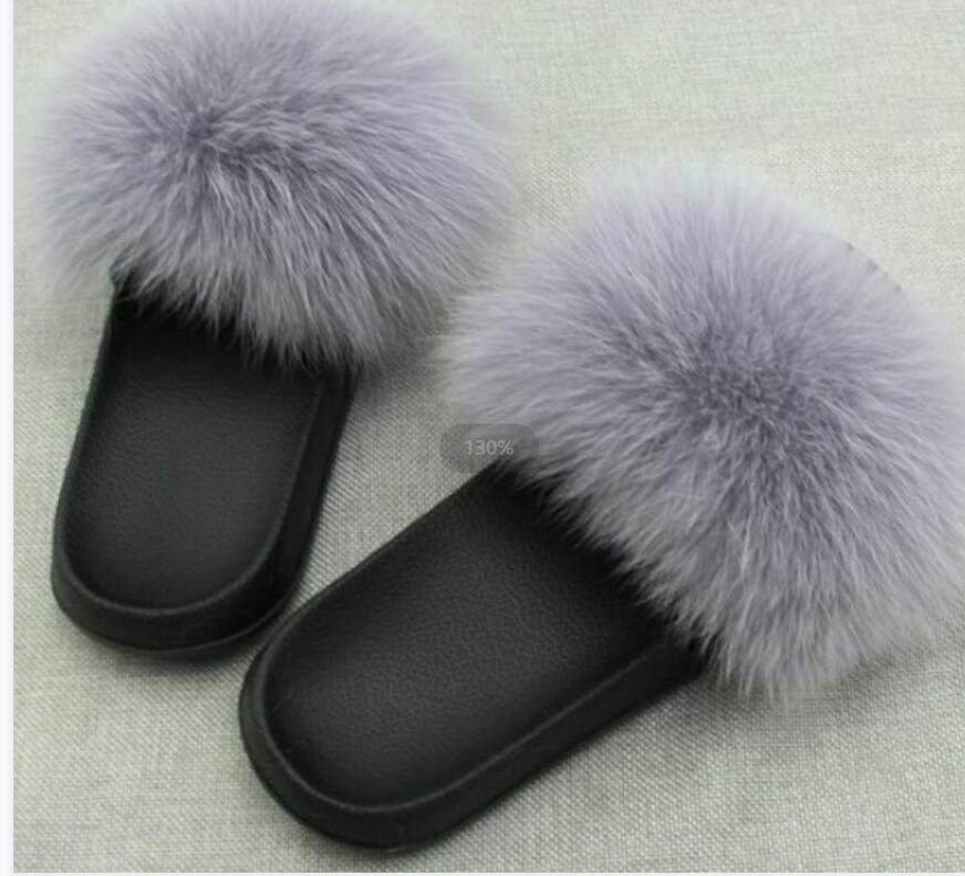 

RASS PLE 2021 Real Fur Slippers Slides Shoes Grey Color Furry Fuffly Slipper Flip Flops Sandals Drag Sandal Summer Women Sliders, As picture