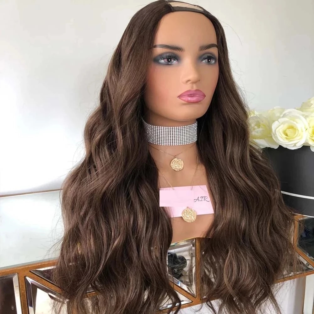 

Glueless Dark Brown U Part Wig Loose Wave 100% Natural Human Hair Wavy 250Density Peruvian Remy Full Machine Made Half Wigs, As picture color