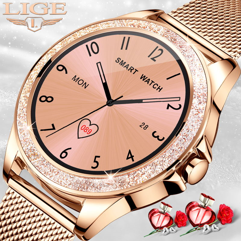 

LIGE New Smart watch Ladies Blood pressure heart Rate monitor fitness tracker Sports smart watch fashion Full circle Smartwatchg, Golden