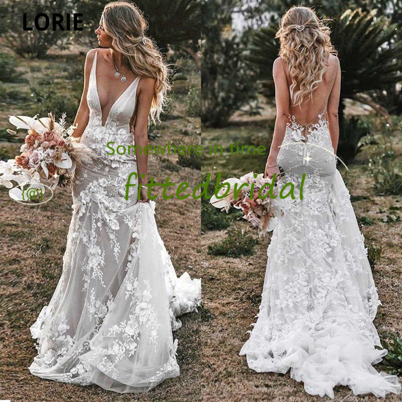 

Sexy V Neck Summer Beach Wedding Dresses Illusion Bodice Lace 3D Flowers Modern Boho Bridal Gowns, White