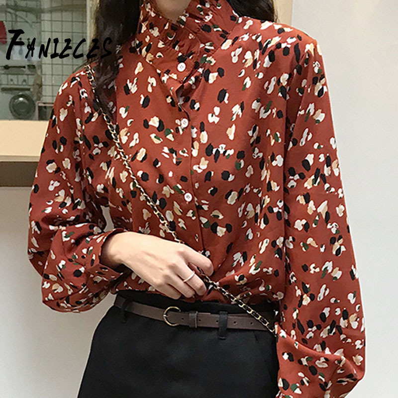 

FANIECES ins fashion blouse women Casual Summer fall Vintage print Blouse Office lady Shirt Streetwear Long Top drop 210520, Beige