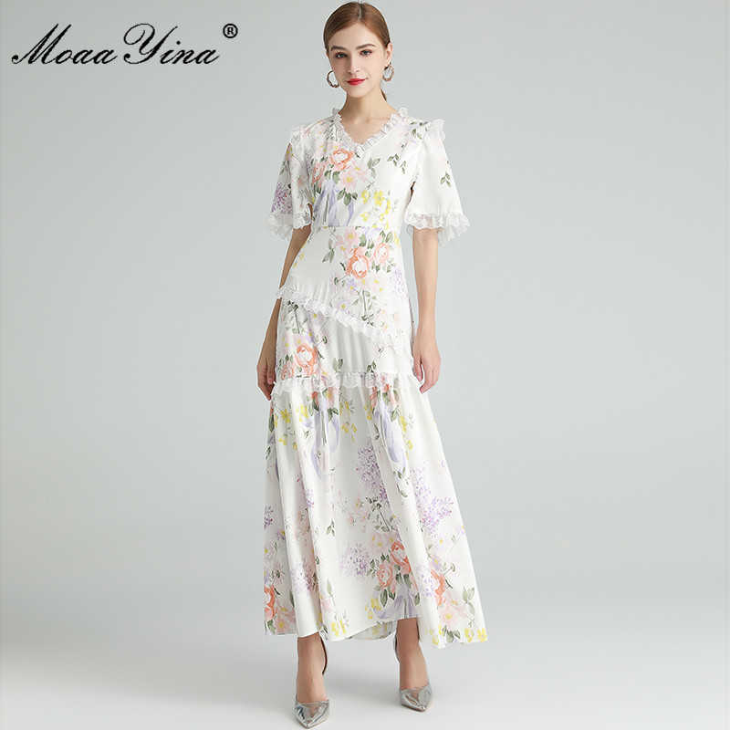 

Fashion Designer dress Spring Autumn Women's Dress V-neck Lace Ruffles Floral-Print Bohemia Dresses 210524, Multi