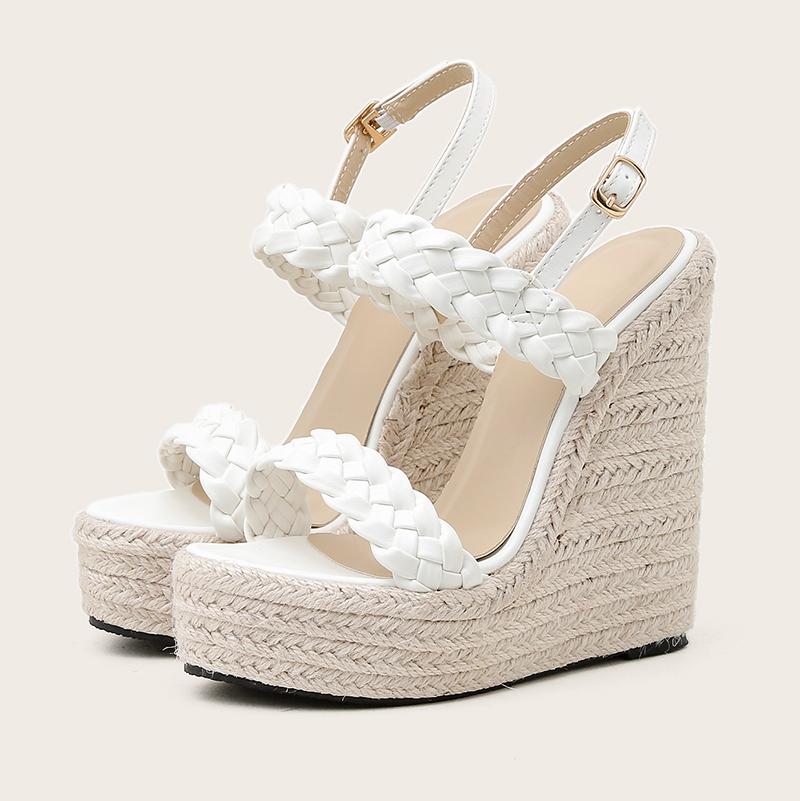 

Sandals 2022 Summer Weave Peep Toe Cane Straw 6cm Platform Wedges Rome Women Fashion 16cm High Heels Plus Size Shoes, White