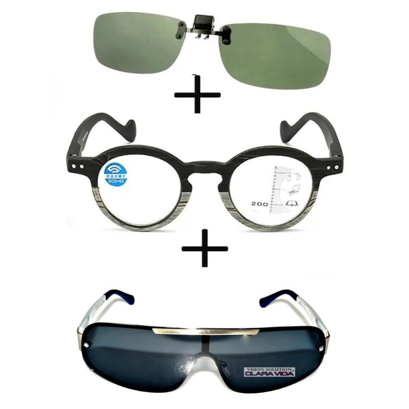 

Sunglasses 3Pcs!!! Wood Anti Blu Light Progressive Reading Glasses For Men Women + Alloy Polarized Outdoor Clip
