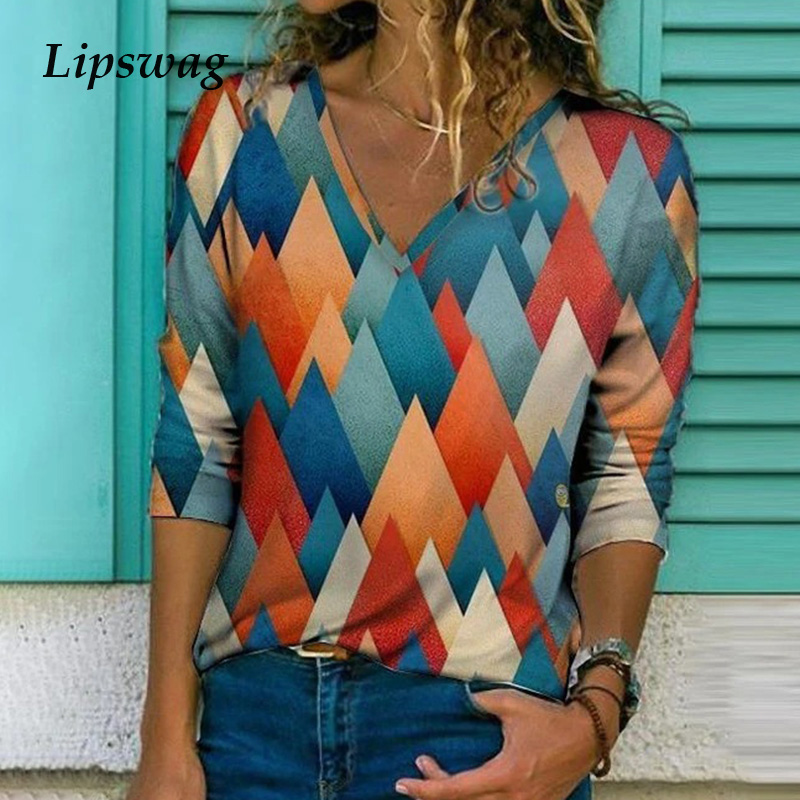 

Sexy V Neck Diamond Print Blouse Shirt Women New Spring Vintage Long Sleeve Pullovers Tops 5XL Casual Plus Size Blusa Streetwear, White