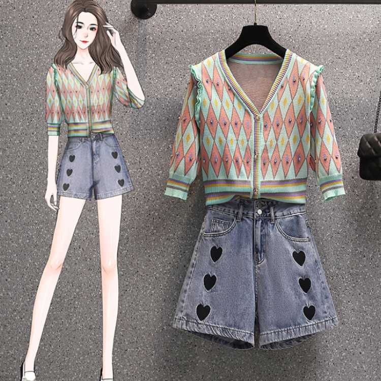 

Summer Retro 2 piece Sets Fashion knit Half Sleeve Cardigan Top + High Waist Denim Shorts Suit 210526, Photo color