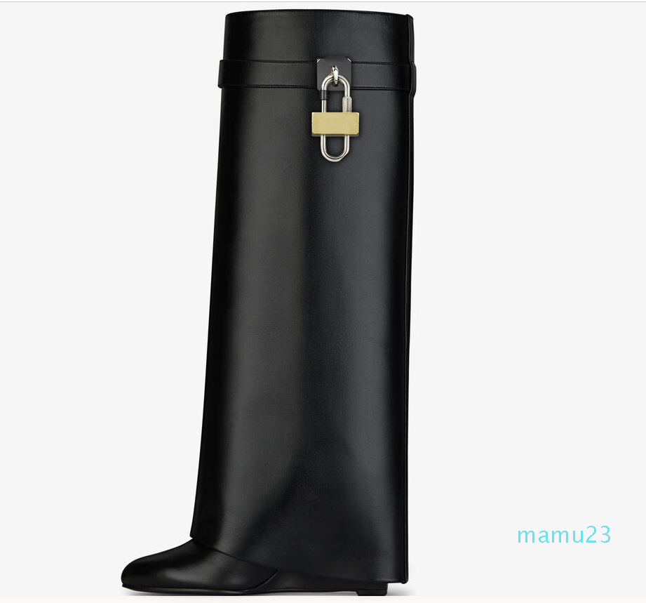 

SHARK LOCK Knee boots leather silver and gold finish asymmetrical metal padlock clad wedge almond shaped toe heel height 9cm, Wear stick