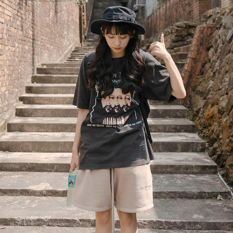

Justin Bieber same Marilyn Manson high street wash make old short sleeve T-shirt backing DOQ4, White;black