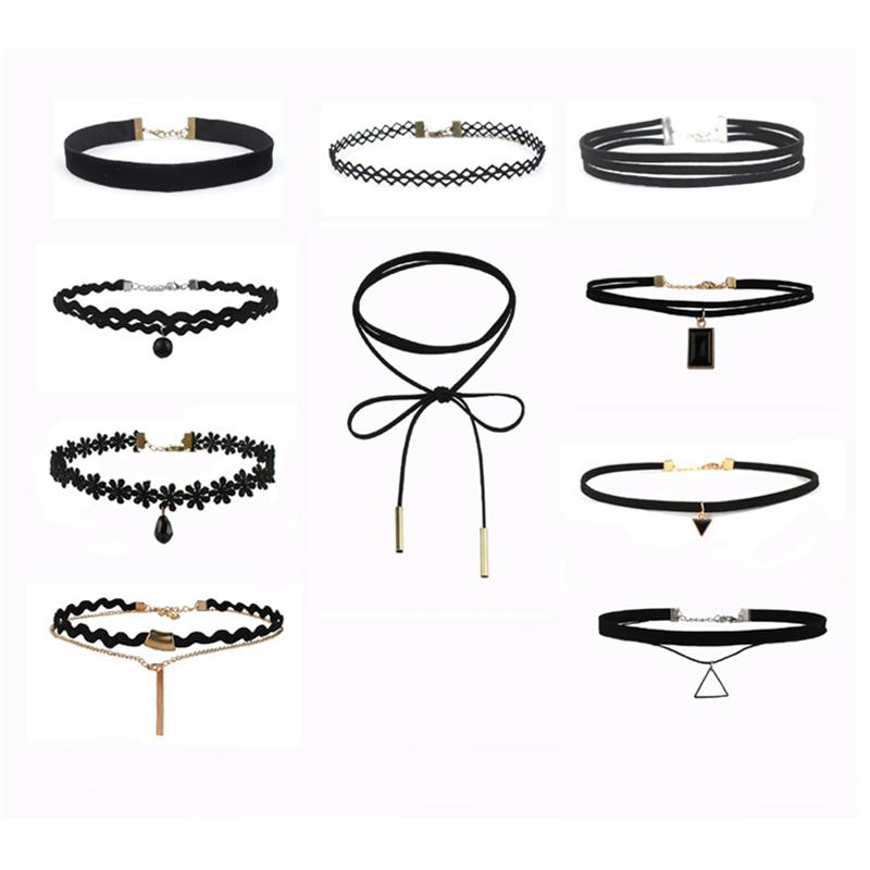 

PCS/Set Gothic Tattoo Leather Choker Necklaces Set For Women Hollow Out Black Lace Necklace Jewelry Collier Chain Chokers
