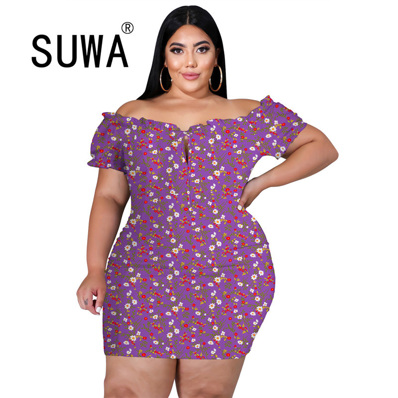 

Women Dresses Evening Party Mini Slash Collar Short Sleeve Bodycon Flower Printed Sundresses French Elegance Plus Size -5XL 210525, Black