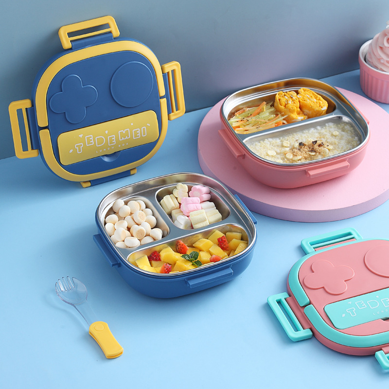 

Robot Modeling Lunch Box for Kids School Microwave Stainless Steel 304 Compartment Bento Box Salad Fruit Container Box, Blue three-grid