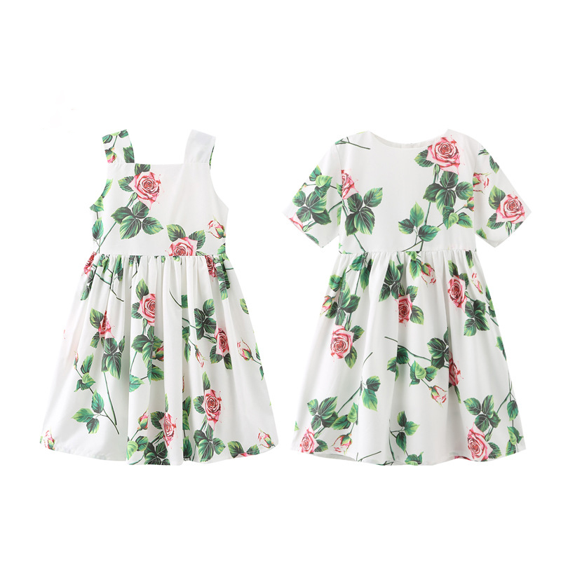

Baby girls floral printed short sleeve and vest dresses kids ruffle pleated princess dress children designer boutique cloth 2053 Y2, Customize