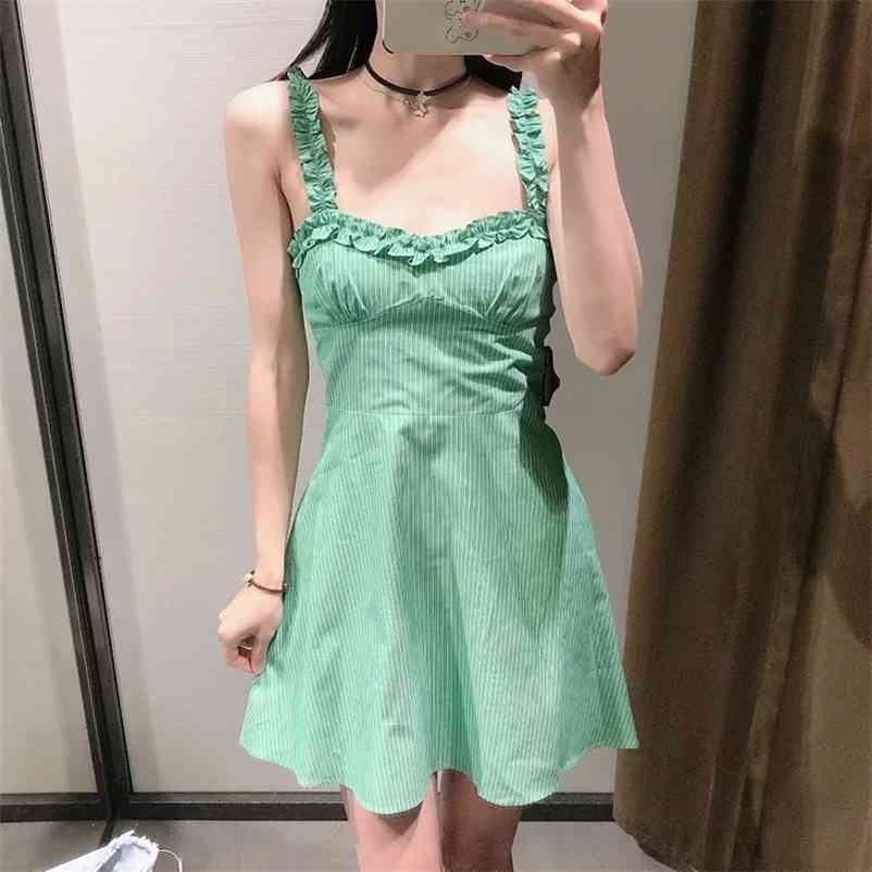 

Women fresh green strap summer dress ruffled sleeveless Slim A-line mini Holidays beach slim women 210524