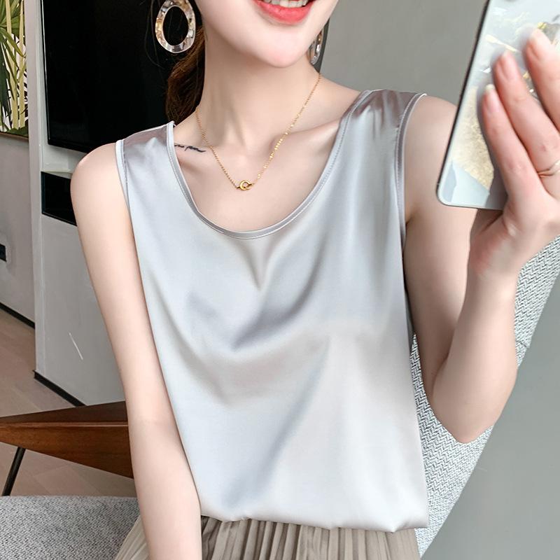 

Women' Tanks & Camis Women Silk Camisole Satin Tank Top Soft Breath Spring Summer Tops Ladies Korean Style Sleeveless O Neck Solid Bottom, Black