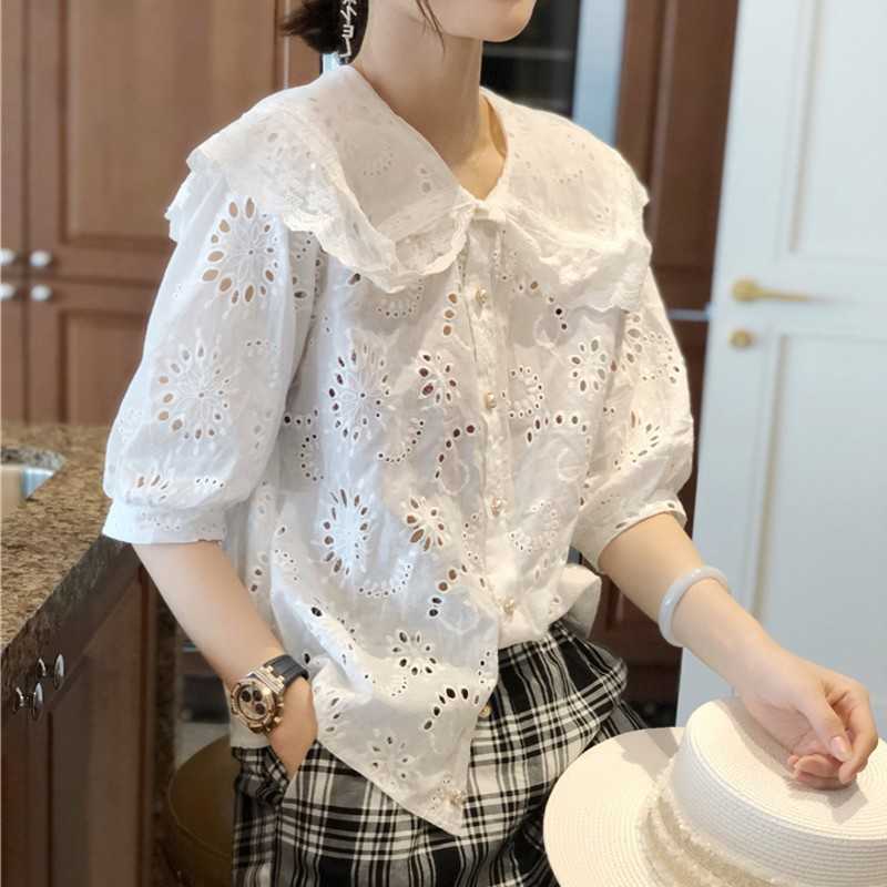 

Lamination Casual Lace Ruffles Sweet Chic Gentle Cute All-Match Stylish Blouses Loose Office Lady Tops 210601, White