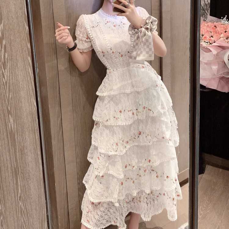 

Runway Women Floral Lace Embroidery Party Dress Retro Elegant Fashion O-Neck Short Sleeve Sweet High Waist Long 210526, Pink