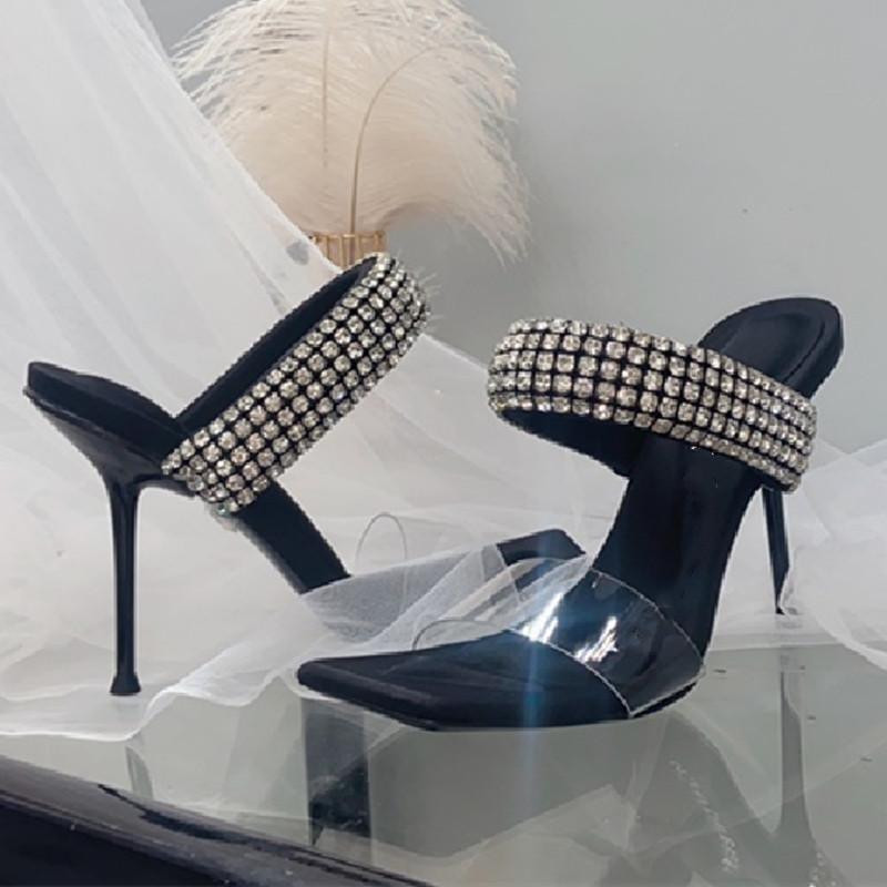 

Slippers Heels2021 Independent Station Black High Heel Shoes Square Toe Stiletto Rhinestone Strap Sandals For Women